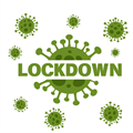 Grünes Wort Lockdown und Bild von Virus